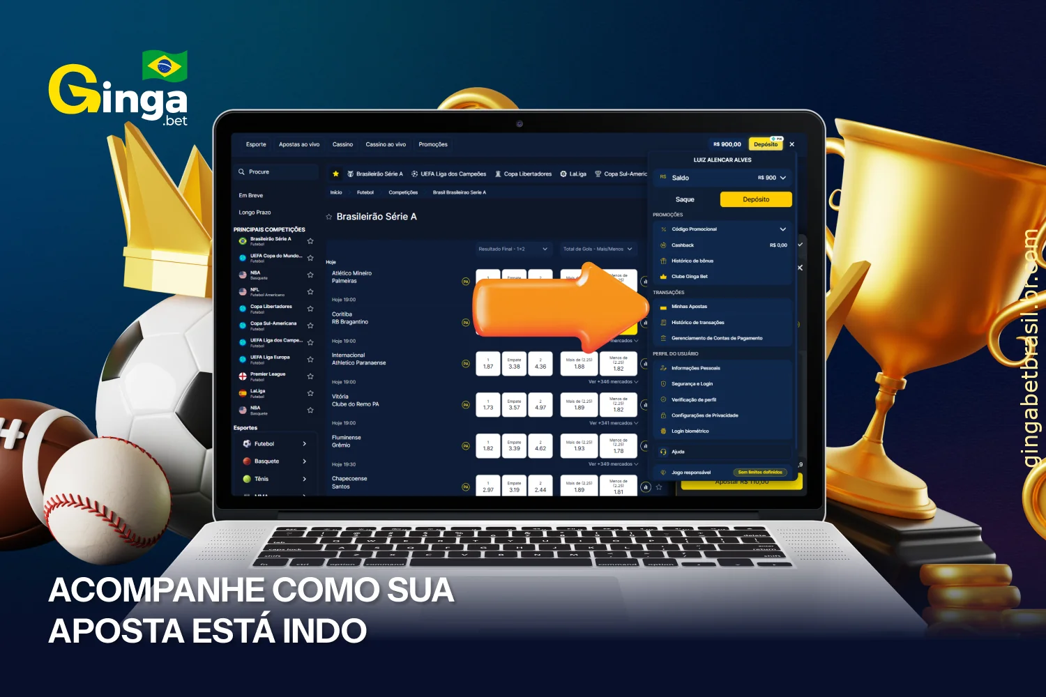 Acompanhe o andamento da sua aposta na seção de apostas ativas da sua conta na GingaBet