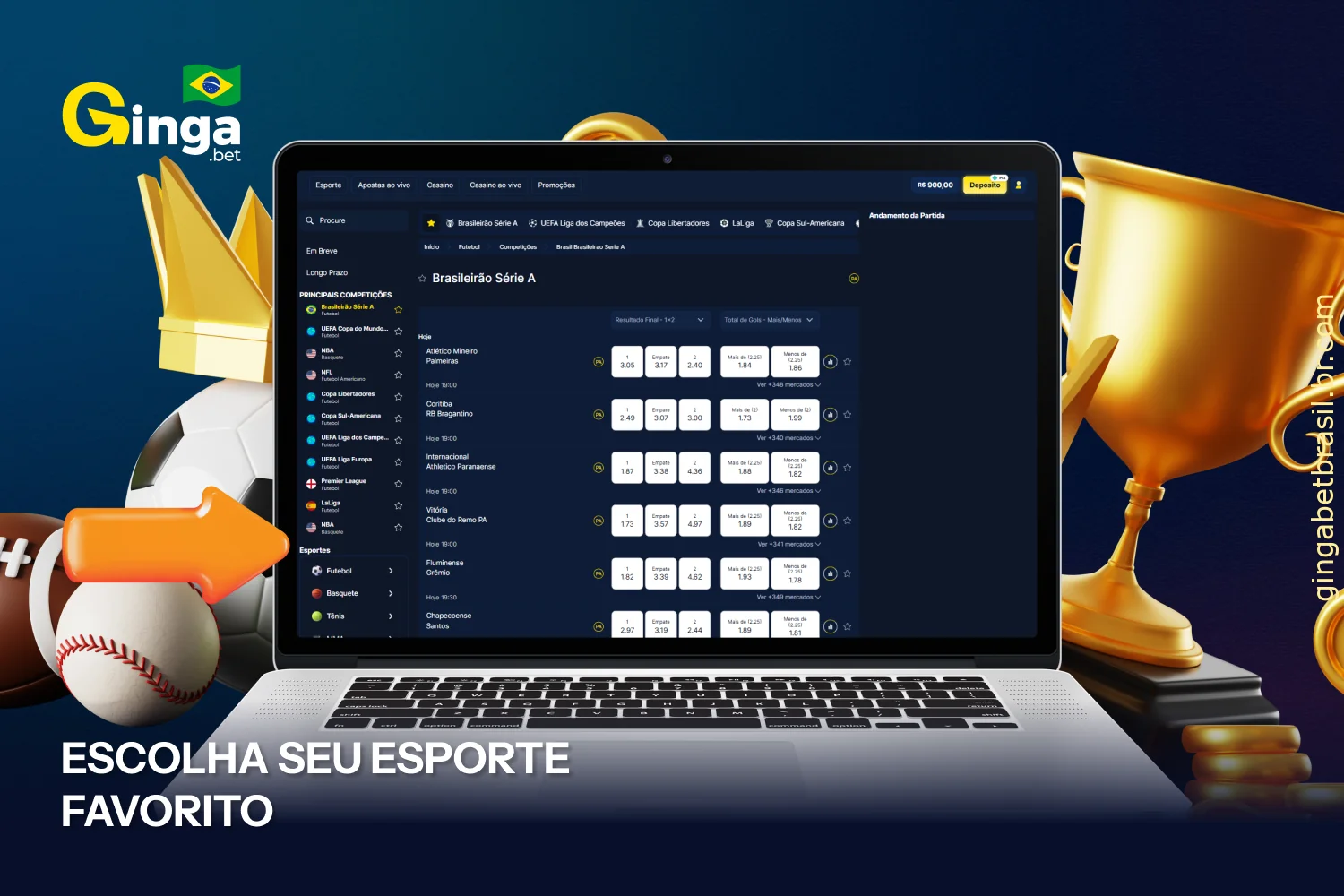 Antes de fazer uma aposta na GingaBet, escolha seu esporte favorito